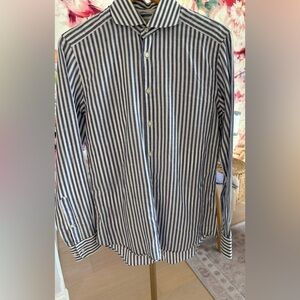 Suitsupply Navy and White Striped Cotton Linen Shirt